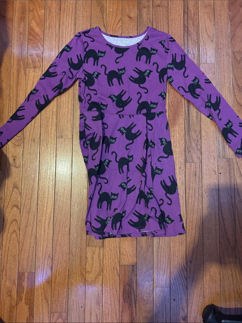 Place Purple Long Sleeve Dress with Black Cat Print